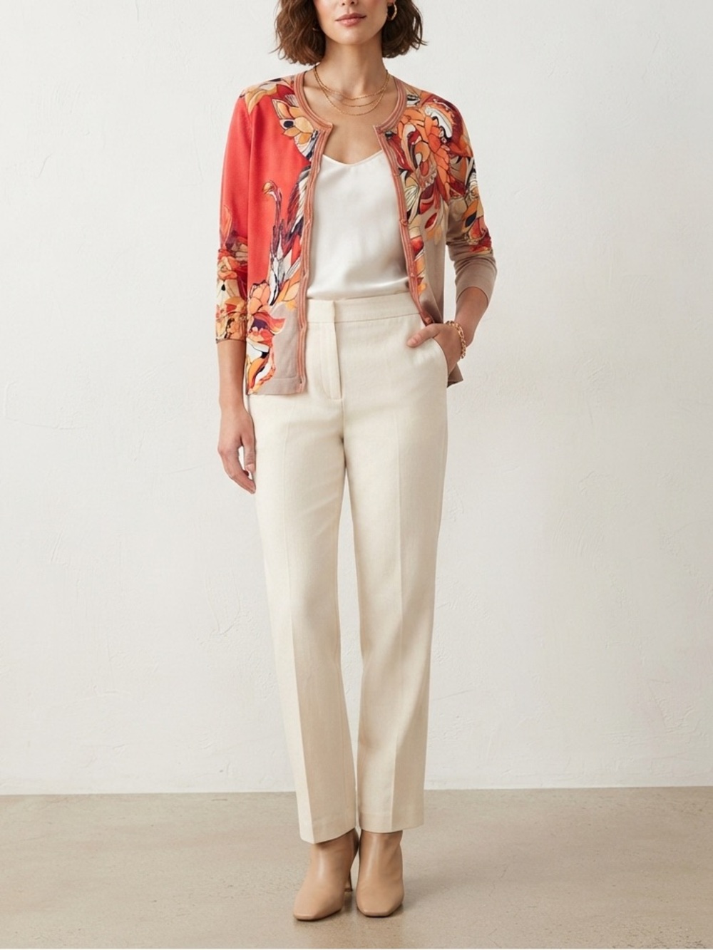 Bianca Floral Print Two-Tone Cardigan Jacket in Red & Taupe